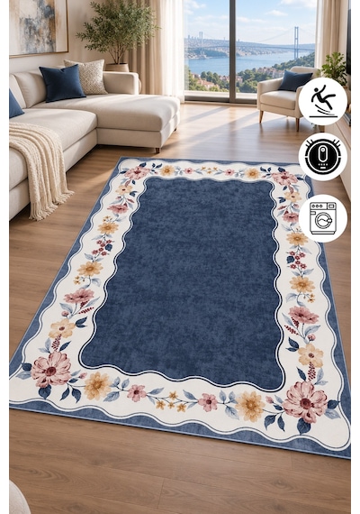 Floral Çerçeve Desenli Baskılı Kaymaz Yıkanabilir Salon Oturma Odası Mutfak Balkon Halısı Yolluk Lacivert