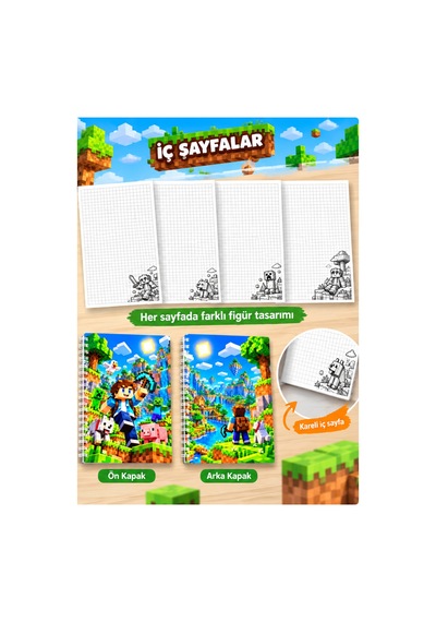Minecraft Temalı A5 Kareli Spiralli Defter 60 Yaprak Okul Ve Not Defteri Yeşil