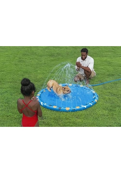 Bestway Evcil Hayvanlar İçin Pati Su Matı, Çap 147 Cm, Kaymaz Yüzey, Su Fıskiyesi, Bahçe Hortumu Bağlantısı, Dayanıklı Pvc, Onarım Yamaları Dahil