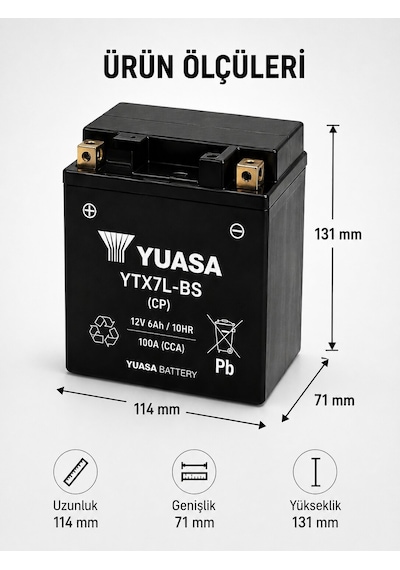 Yuasa Ytx7l-bs Cp 12v 6ah 100a Agm Bakımsız Motosiklet Aküsü 125cc'ler İçin