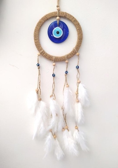 Hdmarketim Nazar Boncuklu Düş Kapanı Dreamcatcher Kuş Tüyü Duvar Beyaz