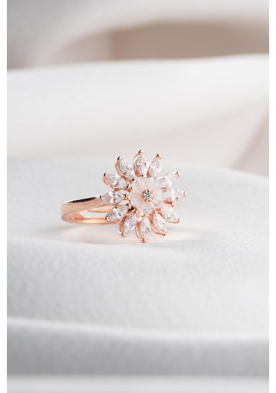 925 Ayar Gümüş Ayarlanabilir Rose Kaplama Mekik Taşlı Manolya Çiçeği Yüzük Gümüş - Rose Gold