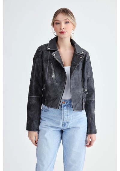Vitrin Fermuarlı Suni Deri Crop Biker Ceket Siyah