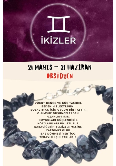 Gümüştel El Sanatları Sertifikalı Burç Taşı Ikizler Burcu Obsidyen Taşı Bileklik Çok Renkli