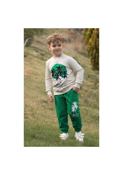 Veramoni Tropical Baskılı Uzun Kollu Lastikli Bel Cepli Unisex Çocuk Alt Üst Takım Yeşil