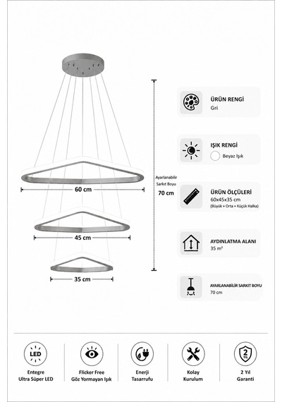Uven 3'lü Led Sarkıt Avize Beyaz Işık Gri