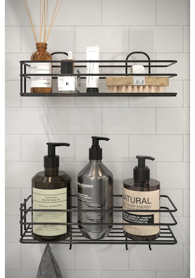 2li Set Siyah Şampuanlık Banyo Düzenleyici Yapışkanlı 4 Askılı Duş Rafı Organizer Siyah