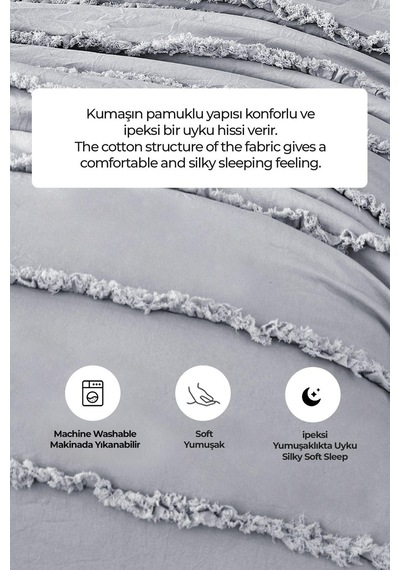 Evlen Home Pamuklu Echos Yatak Örtüsü Takımı Günlük Çift Taraflı Kişilik 3 Parça Dolgulu El İşi Gri