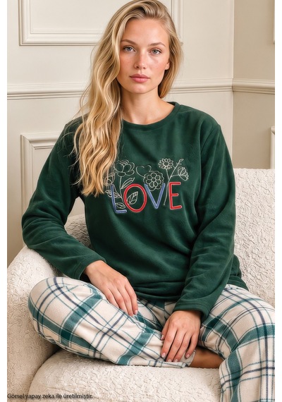 Siyah İnci Yeşil Nakışlı Alt-üst Polar Kışlık Örme Pijama Takım 26222121