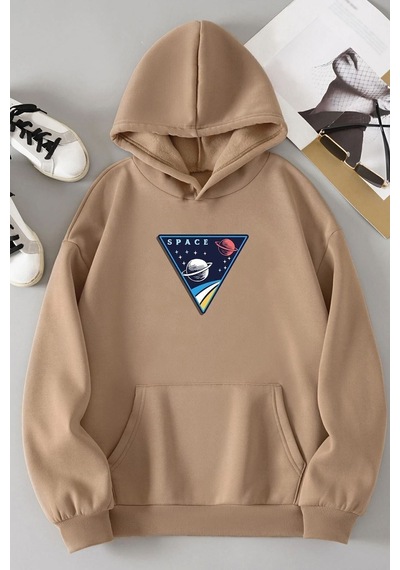 Uyguntarz Unisex Space Baskılı Sweatshirt Bej