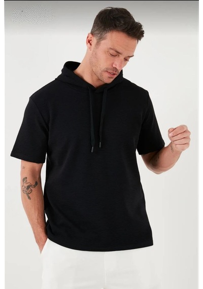 Barlashive Erkek Kapüşonlu Tişört Kısa Kol Düz Oversize T-shirt - Siyah Çok Renkli
