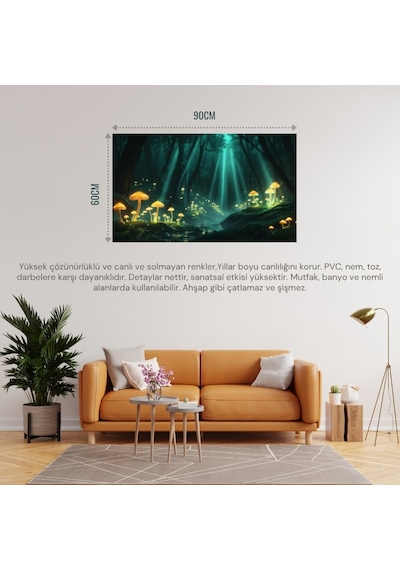 Doğa Ve Manzara Yatay Parlayan Mantarlar Ve Büyülü Işık Huzmeleri Mistik Orman 05 Çerçevesiz 90x60cm Pvc Tablo