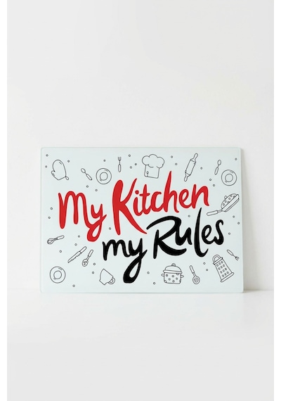 Makri Home My Kitchen My Rules Yazılı Desenli Cam Kesme Tahtası Temperli Cam, 25 35 Cm Çok Renkli