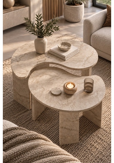 Sulorahome 2'li Oval Modern Orta Sehpa Seti Traverten Desenli Atlantik-traverten Sulorahome 2'li Oval Modern Orta Sehpa Seti Traverten Desenli Atlantik-traverten