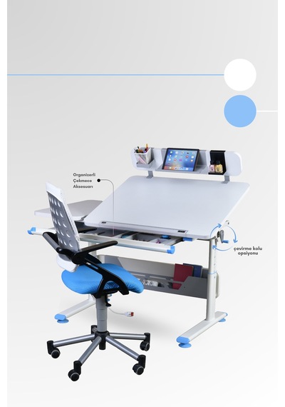Creo Mobili Yükseklik Ve Eğim Ayarlı, Vega Advanced Bilgisayar Ve Çalışma Masası Takımı Beyaz/mavi Gri
