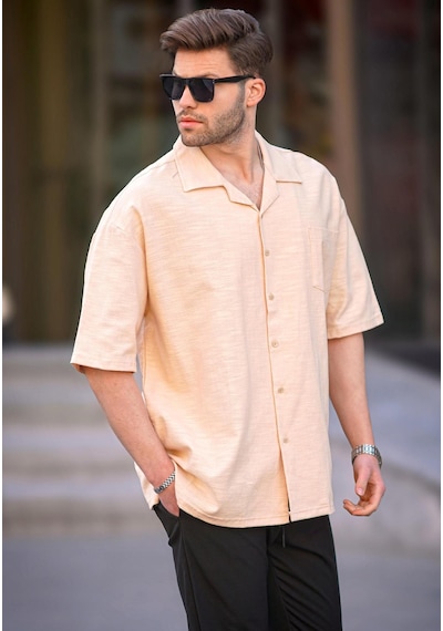 Madmext Bej Kısa Kollu Oversize Erkek Gömlek 6737 Bej