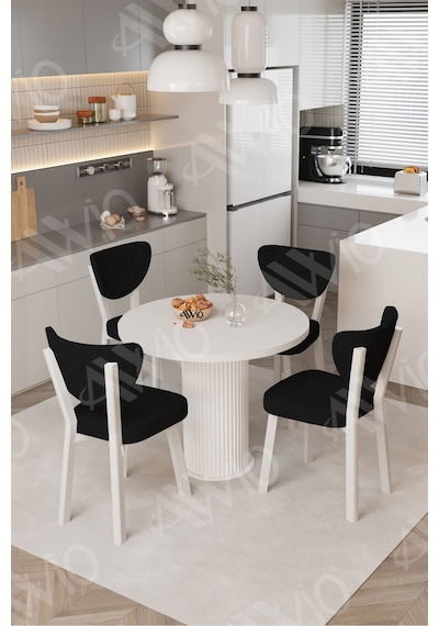 Avvio Elma Yuvarlak Beyaz Mutfak Masa 4 Adet Sandalyeli Takım 90x90 Cm Siyah