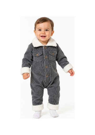 Chicsy Baby Tatlı Premium Çizgili Kadife İçi Peluşlu Welsoft Detaylı Düğmeli Cepli Erkek Bebek Tulum Siyah