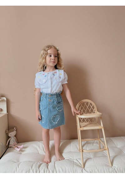 Jolly Kids Kız Çocuk Kalp Nakışlı Kot Etekli Takım Beyaz