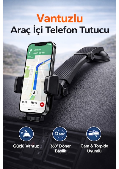 Vantuzlu Araç İçi Telefon Tutucu Ayarlanabilir Uzatmalı Kol 360 Döner Cam & Torpido Uyumlu Siyah