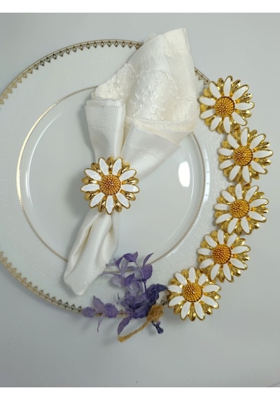 Parıltı Home Collection 6'lı Papatya Beyaz Mineli Gold Halka Peçete Yüzüğü Gold Beyaz