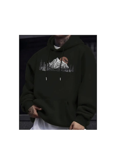 Herkesemoda Dağ Baskı Detaylı İçi Polarlı Kapüşonlu Sweatshirt Siyah