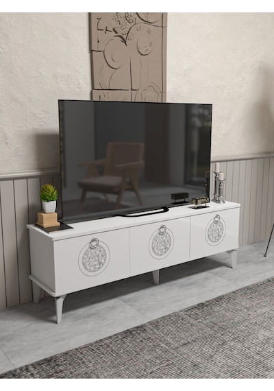 Tv Sehpası Tv Ünitesi Beyaz Gümüş 160 Cm Saraylı 5063 Metalik