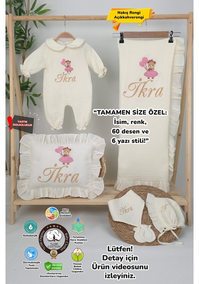 Gros Shop Müslin Yeni Doğan 4katlı Organik %100pamuk Kişiye Özgü Nakışlı Hastane Çıkış Seti Ayıcık Model-5 Ekru-1