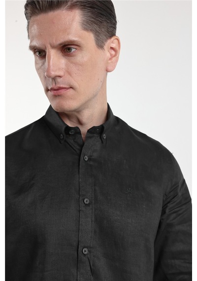 İmza Siyah Keten Düğmeli Yaka Uzun Kol Cepsiz Slim Fit Keten Gömlek 1004260161 XL