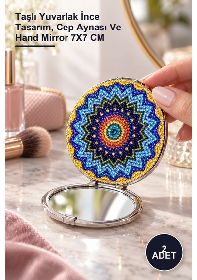 2 Adet El Aynası Taşlı Yuvarlak İnce Tasarım, Cep Aynası Ve Hand Mirror 7x7 Cm Diğer
