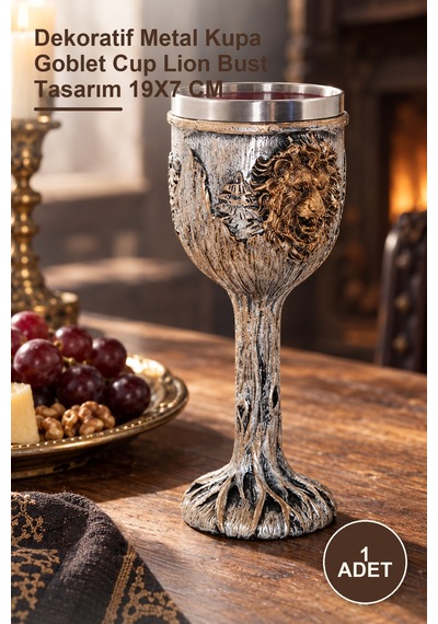 1 Adet Paslanmaz Çelik Aslan Büstü Kadeh Bardak Dekoratif Metal Kupa Goblet Cup Lion Bust Tasarım 19x7 Cm