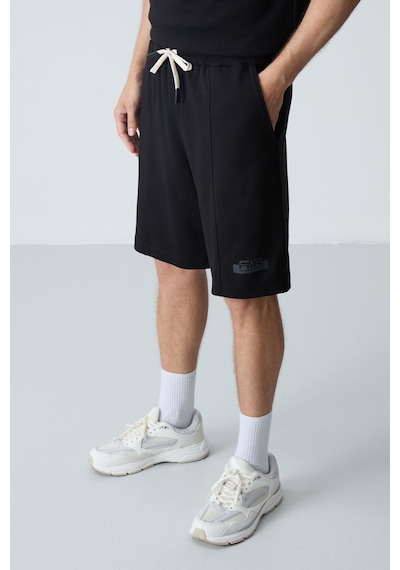 Tommy Life Siyah Pamuklu Kalın Yumuşak Dokulu Oversize Fit Basic Erkek Şort Takım - 85259