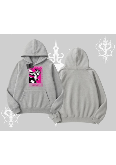 Startmore Kapşonlu Sweatshirt Heroic Anime Girl Japon Stil Grafik Baskılı Gri