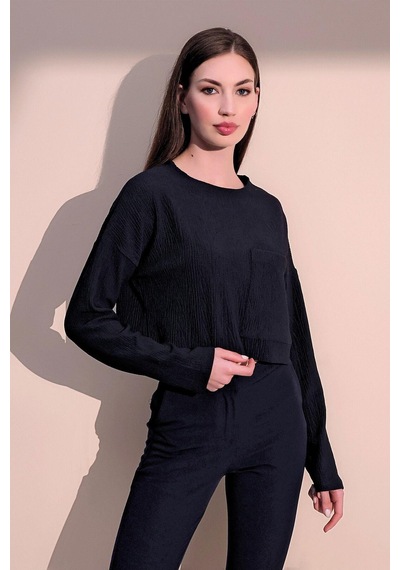 WeShaya Kadın Lacivert Kendinden Dokulu Cepli Crop Sweatshirt, Salaş Kesim Lacivert