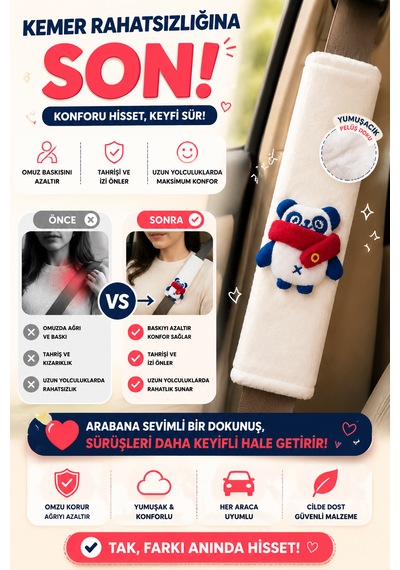 Panda Beyaz Emniyet Kemeri Aksesuarı - Emniyet Kemeri Kılıfı - Araç Emniyet Kemeri Omuz Koruyucu 1 Adet