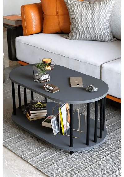 Modern Oval Orta Sehpa Çift Katlı Metal Ayaklı Salon, Ofis, Dekoratif Sehpa, Kahve Sehpası Antrasit Modern Oval Orta Sehpa Çift Katlı Metal Ayaklı Salon, Ofis, Dekoratif Sehpa, Kahve Sehpası Antrasit