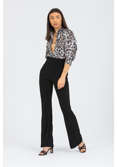 Pera Moda Leopar Desenli Salaş Oversize Saten Gömlek Bej