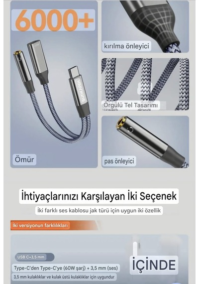 Sunkandı 2'si 1 Arada Type-c To 3.5mm+60w Hızlı Şarj Ve Kulaklık Çevirici Dac Çip+hi-fi Ses Teknolojisi Ce Lisanslı Sertifikalı Hasır Örgülü Sağlam Kablo Gri