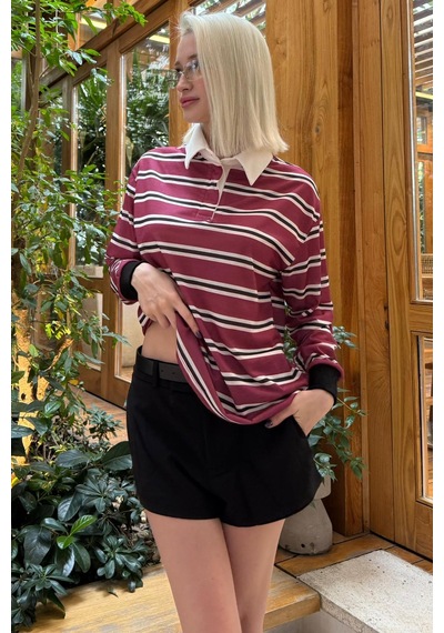 Bordo Çizgili Polo Yaka Kadın Uzun Kollu Tişört Mg2575 Bordo
