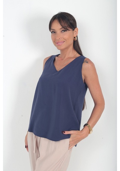 By Saygı Kadın V Yaka Pervazlı İtalyan Cotton Lyocell Bluz Lacivert