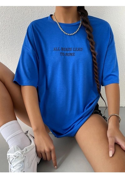 To Rome T-shirt - Saks Mavi Baskılı Oversize Bisiklet Yaka Kısa Kol Tişört Saks Mavi