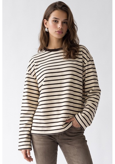 Mixray 2236 Çizgili Bisiklet Yaka Uzun Kol Oversize Sweatshirt Kahve