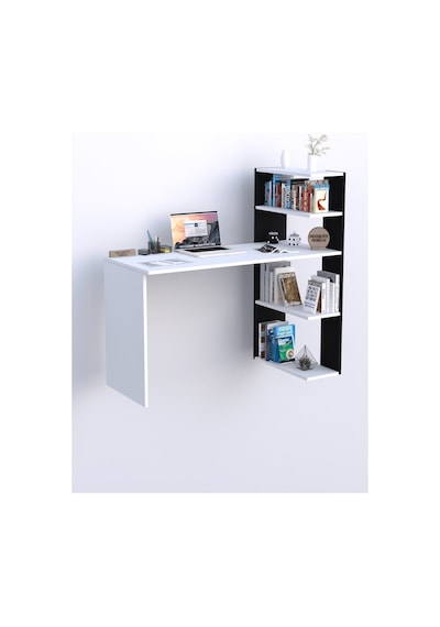 Moonlife Çınar Kitaplıklı Çalışma Masası Beyaz Siyah Beyaz