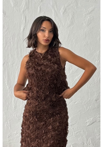 Verymoda Gül Süzüneli Kolsuz Bluz F1989 Kahve