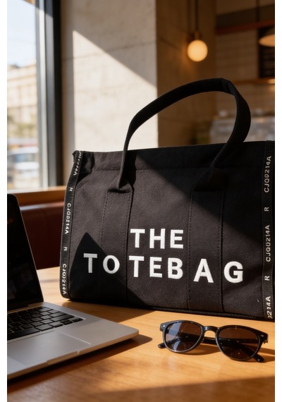 Ents Siyah Kadın Kanvas Tote Bag Günlük Omuz Çantası Büyük Boy Siyah - Beyaz