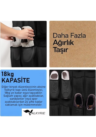 Valkyrie Kapı Arkası Ayakkabı Organizer 24 Gözlü Askılı Dolap İçi Düzenleyici 4 Kancalı Siyah siyah