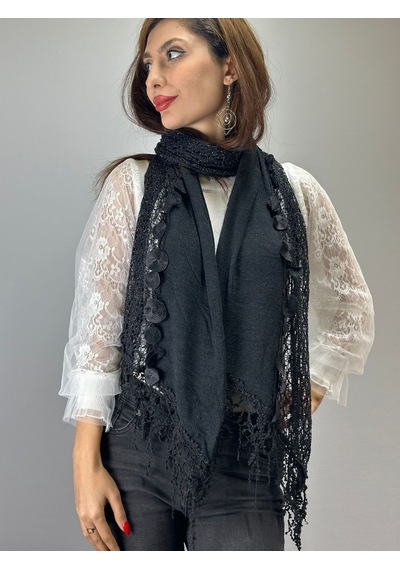 Gönülden Tasarım 170x45 Cm Siyah Triko Parlak Püsküllü Kadın Fular Şal Renkli