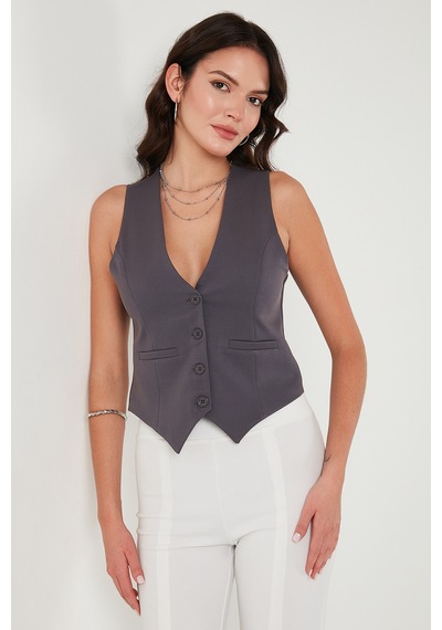 Lela Fitted Fit Düğmeli V Yaka Düğmeli Bayan Yelek 6696796 Füme