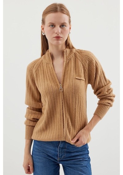 Bigdart 15880 Fermuarlı Triko Hırka - Camel 001