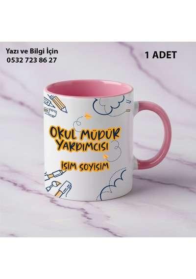Okul Müdür Yardımcısı Öğretmenler Günü İçin Kişiye Özel İsim Baskılı Kupa Bardak Öğretmene Hediyelik Pembe